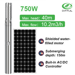 1HP DIFFUL AC/DC Solar PUMP solar power submersible pump  with S/S impeller Shielded water filled motor solar pump