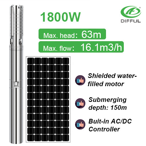 DIFFUL SOLAR PUMP 1800W محرك محمي بالطاقة الشمسية مضخة مياه AC / DC مضخة شمسية لمضخة غاطسة تعمل بالطاقة الشمسية للآبار العميقة مع المكره S / S