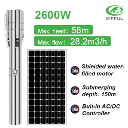 AC/DC 2600W DIFFUL SOLAR PUMP Large flow stainless steel solar submersible pump, deep well pump, used for irrigation
