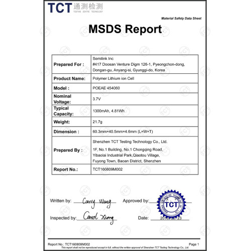1300mAh  MSDS Test Report