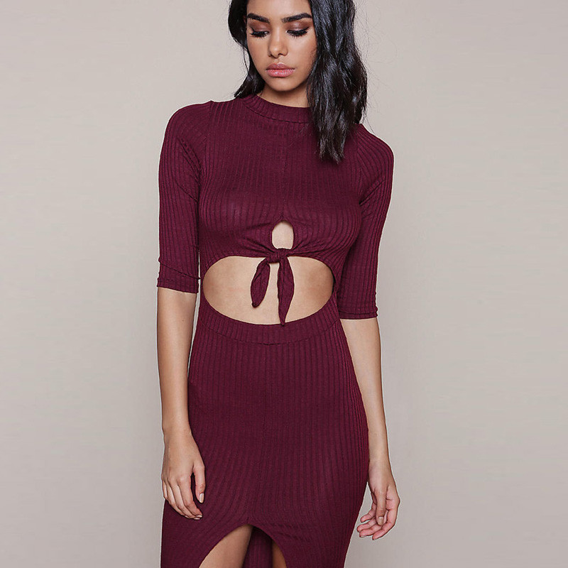 Slim Fit Bodycon Midriff-Baring Design Knitting Dress For Ladies