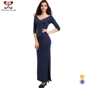 AFF Latest Net Dress Designs Pure Color V Neck 7th Sleeve Woman Long Dress Bamboo Fiber Sexy Maxi Dress For Fashion Lady
