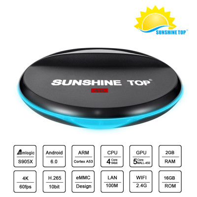 Sunshine Top Box Amogic S905X Quad Core 2,0 GHz SM-96 1 G + 8 G Android 6.0 TV Box WiFi 4 K H.265 Diffusion des Lecteurs Multimédia Bluetooth En Option