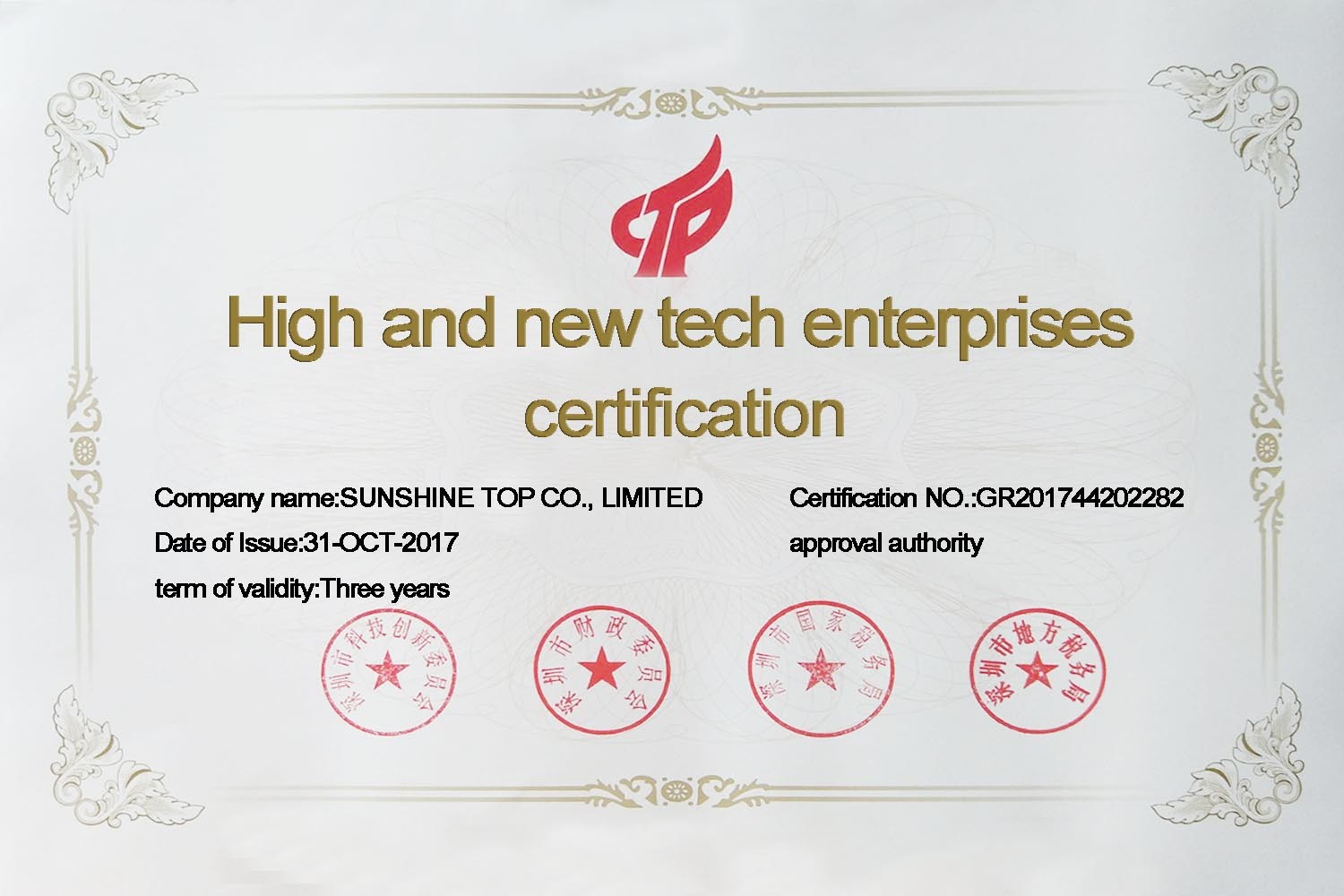 Certificação National Hi-Tech Enterprises