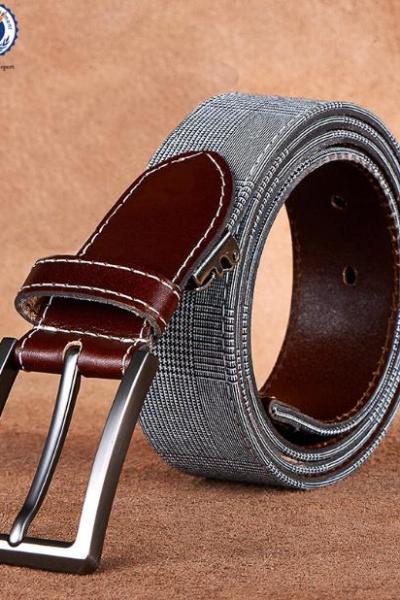High Quality Mens Hole Grommet Casual Canvas Web Belt Material Combined Real Leather with Pin Buckle
