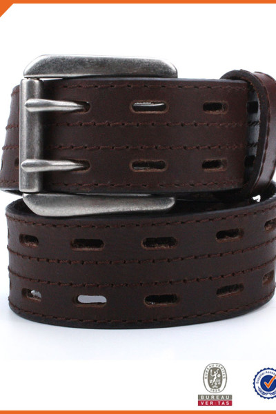 Classic Brown Genuine Leather Belt With Double Middle Buckle For Jeans