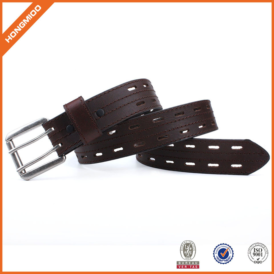 Classic Brown Genuine Leather Belt With Double Middle B... side