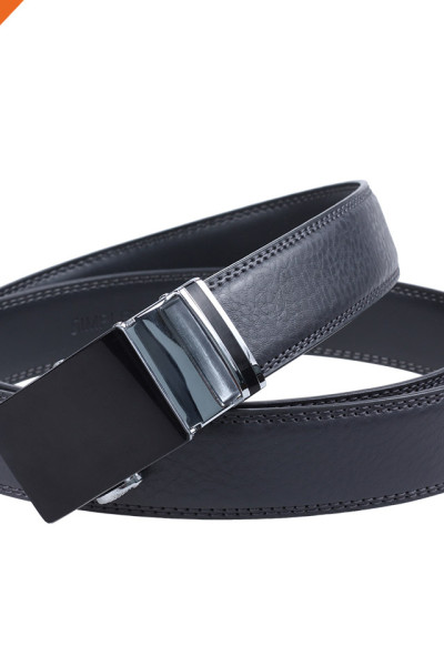 Pure Black Mens Automatic Buckle Strap Split Leather Ratchet Belt