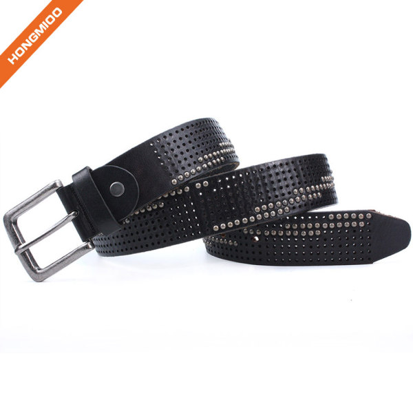 Mens Retro Design Top Grain Strap Pin Buckle Rivet Belt