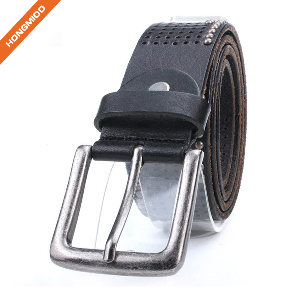 Mens Retro Design Top Grain Strap Pin Buckle Rivet Belt detail