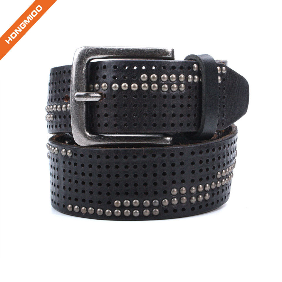 Mens Retro Design Top Grain Strap Pin Buckle Rivet Belt side