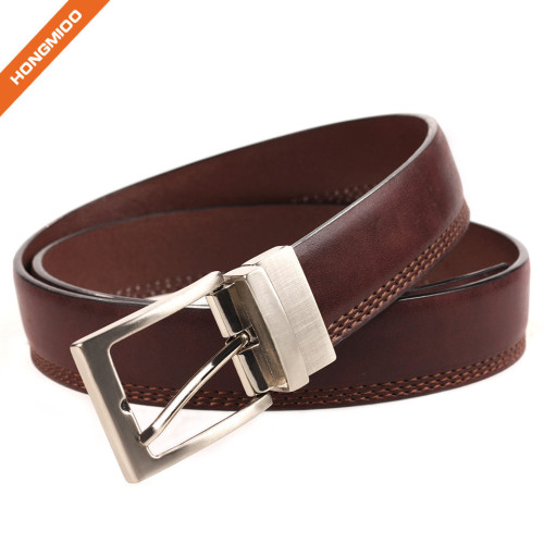 Innovative Design 3 Row Stitch Cowhide Leather Belt With Rotated Needle Buckle