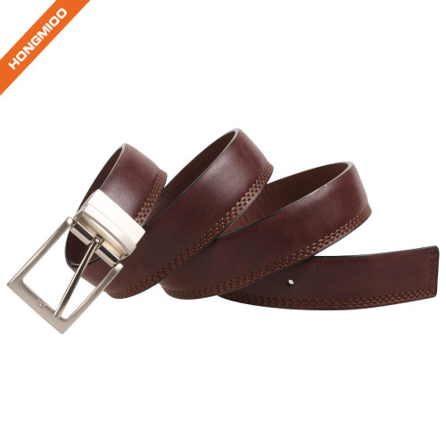 Innovative Design 3 Row Stitch Cowhide Leather Belt With Rotated Needle Buckle