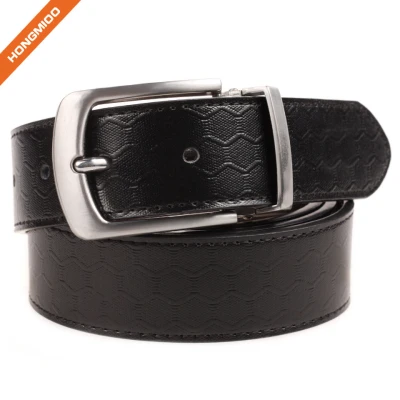 Classic Mens Genuine Leather Dress Belt Embossed Pattern Strap With Rotated Buckle