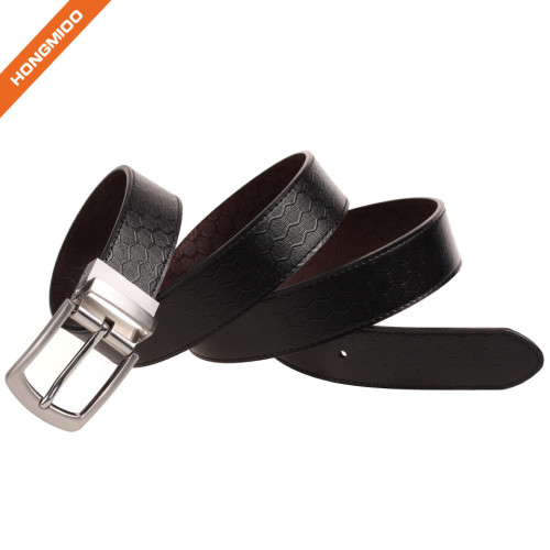 Classic Mens Genuine Leather Dress Belt Embossed Pattern Strap With Rotated Buckle