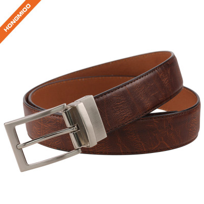 Men's Hand-Crafted Brown Reversible Split Leather Belt Embossed Stitch Strap