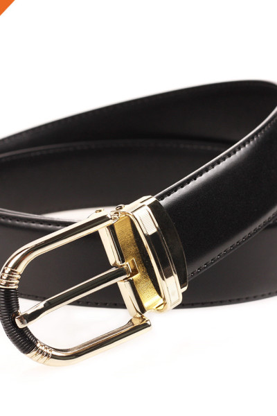 Gentleman Style Genuine Thick Leather Belt With Gold Single Prong Alloy Buckle