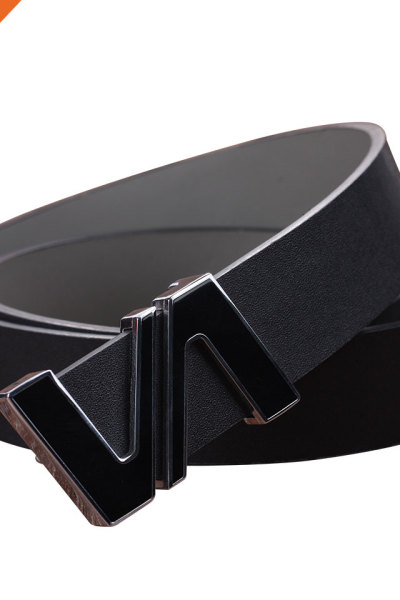 Leisure Split Leather Belts Removable Letter V Plate Buckle Waist Belt 1.5" Width