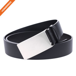 Mens Fashion Gift Black Genuine Leather Wide Belt with Silver Plaque Buckle