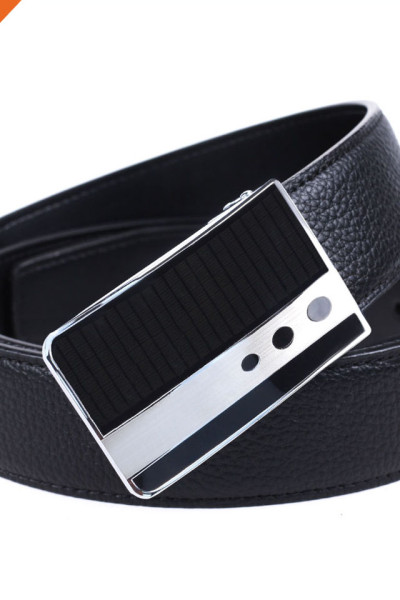 Men's Stitched Black Genuine Leather Plaque Slider Buckle Belt