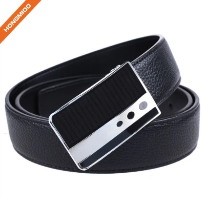 Men's Stitched Black Genuine Leather Plaque Slider Buckle Belt