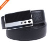 Men's Stitched Black Genuine Leather Plaque Slider Buckle Belt