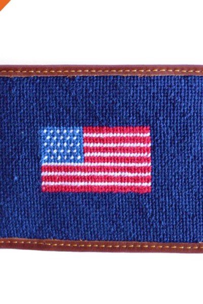 Classical American Flag Needlepoint Design Wallet Top Grain Leather Purse