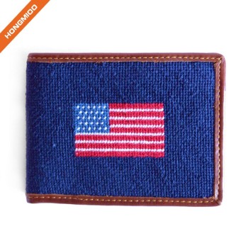 Classical American Flag Needlepoint Design Wallet Top Grain Leather Purse