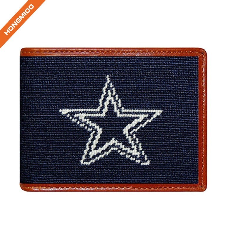 Classical American Flag Needlepoint Design Wallet Top Grain Leather Purse - Specs