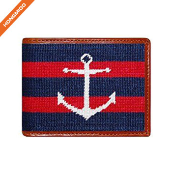 Classical American Flag Needlepoint Design Wallet Top Grain Leather Purse