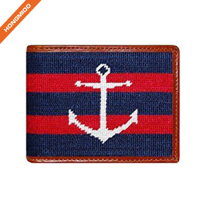 Classical American Flag Needlepoint Design Wallet Top Grain Leather Purse