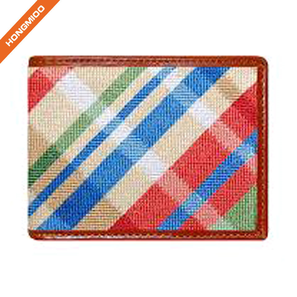 Full Grain Leather Hongmioo Navy Color Different Pattern Design Needlepoint Mens Wallet - Detail