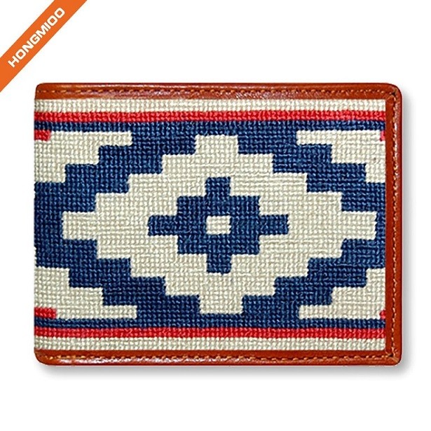 Full Grain Leather Hongmioo Navy Color Different Pattern Design Needlepoint Mens Wallet - Specs