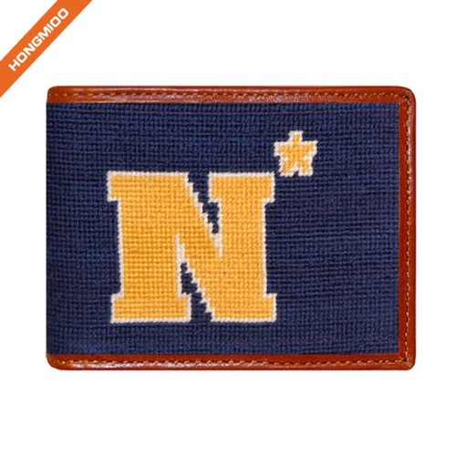 Full Grain Leather Hongmioo Navy Color Different Pattern Design Needlepoint Mens Wallet