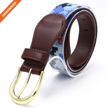 Colorful Mens Full Grain Leather Handmade Needlepoint Belts With Gold Pin Buckle