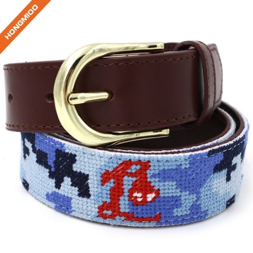 Colorful Mens Full Grain Leather Handmade Needlepoint Belts With Gold Pin Buckle