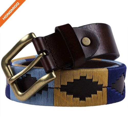Handmade Brown Genuine Leather Embroidery Pattern Belts With Gold Pin Buckle