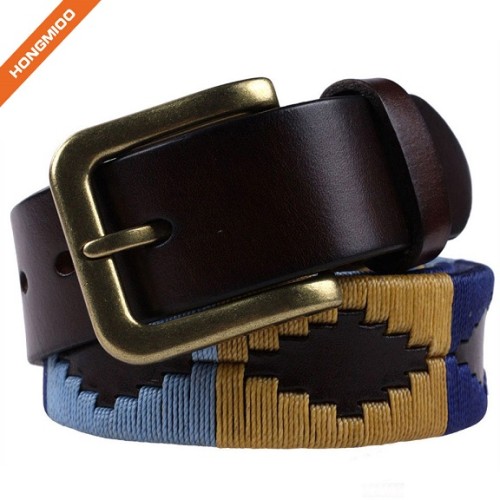 Handmade Brown Genuine Leather Embroidery Pattern Belts With Gold Pin Buckle