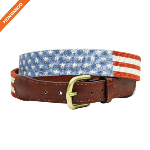 Loving Design Mens Custom Needlepoint American Flag Genuine Leather Belts