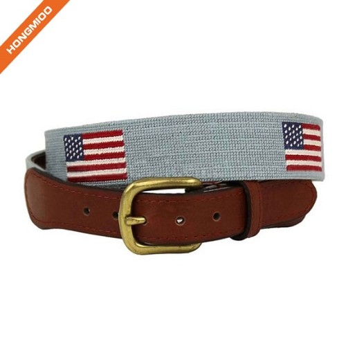 Golf Sports Design Mens Top Grain Leather Belts Handmade Needlepoint Belts