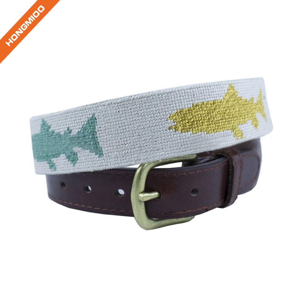 Colorful Vivid Fish Design Embroidery Custom Mens Genuine Leather Belts