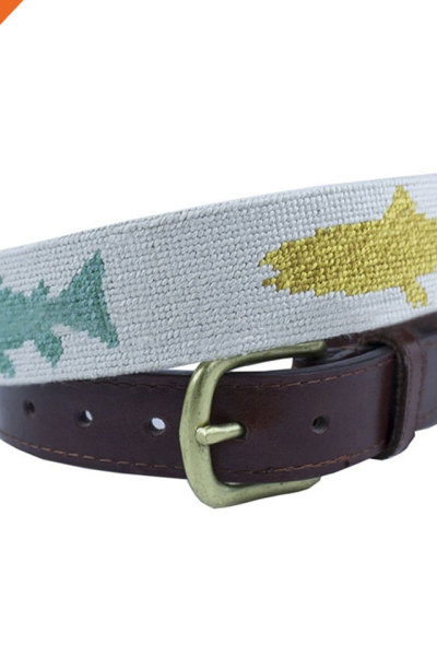 Colorful Vivid Fish Design Embroidery Custom Mens Genuine Leather Belts