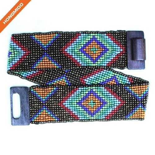 Mix Color Hand-Made Elastic Stretchy Beaded Bali Belt With Wooden Hook Buckle
