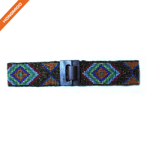 Mix Color Hand-Made Elastic Stretchy Beaded Bali Belt With Wooden Hook Buckle