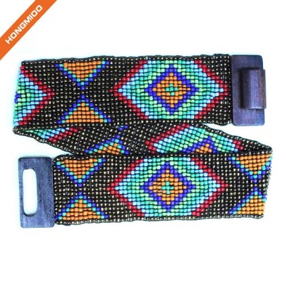 Mix Color Hand-Made Elastic Stretchy Beaded Bali Belt With Wooden Hook Buckle