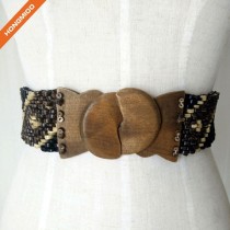 Women Fashion Elastic Beaded Belt Stretch Wood Beads Big Wooden Buckle