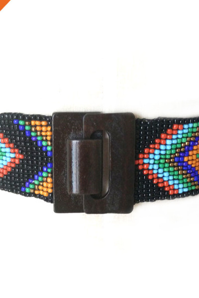Multicolor Women Wedding Beaded Stretch Belt With Big Wood Buckle