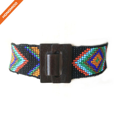 Multicolor Women Wedding Beaded Stretch Belt With Big Wood Buckle