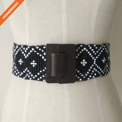 Multicolor Women Wedding Beaded Stretch Belt With Big Wood Buckle