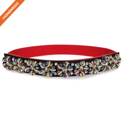 Women's Long Rhinestone Floral Thin Belts Interlocking Beaded Waist Belt